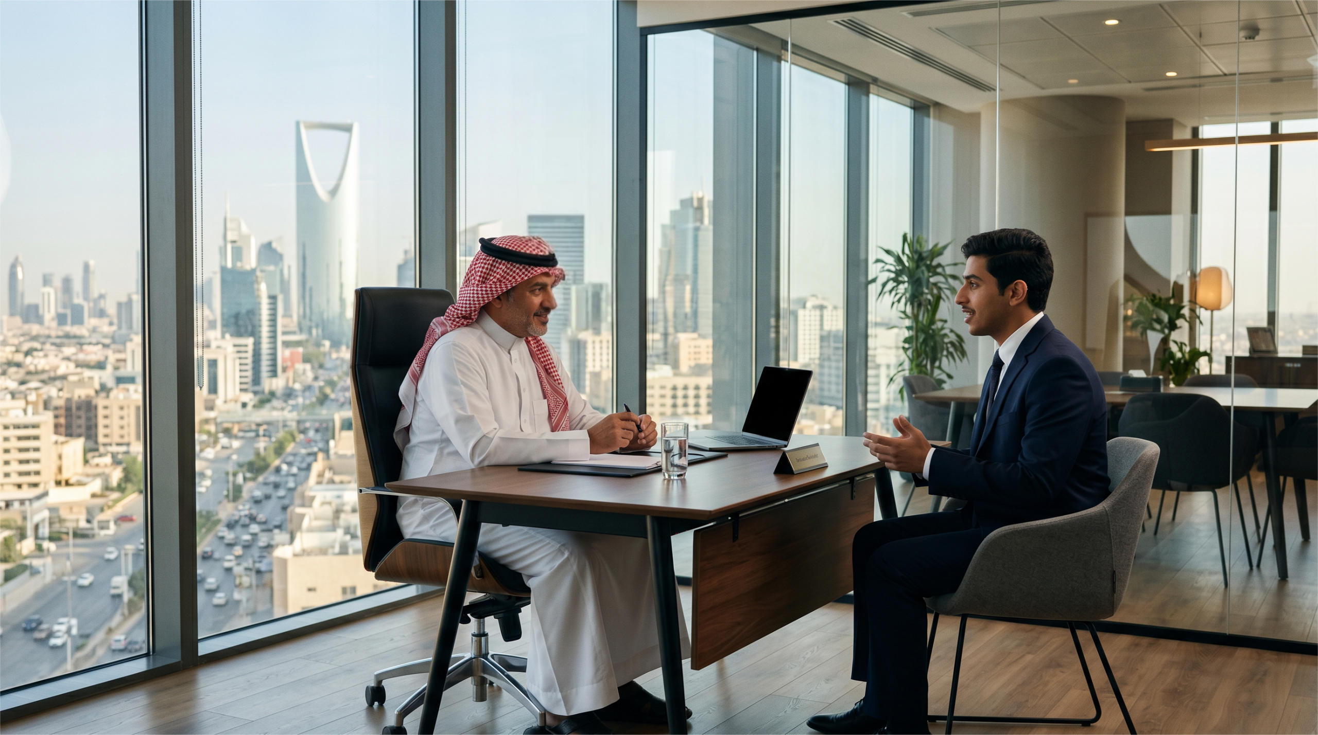 10 Companies to Hire Developers in Saudi Arabia Developer interviewing at one of the saudi companies hiring developers in Saudi Arabia, Riyadh skyline in background
